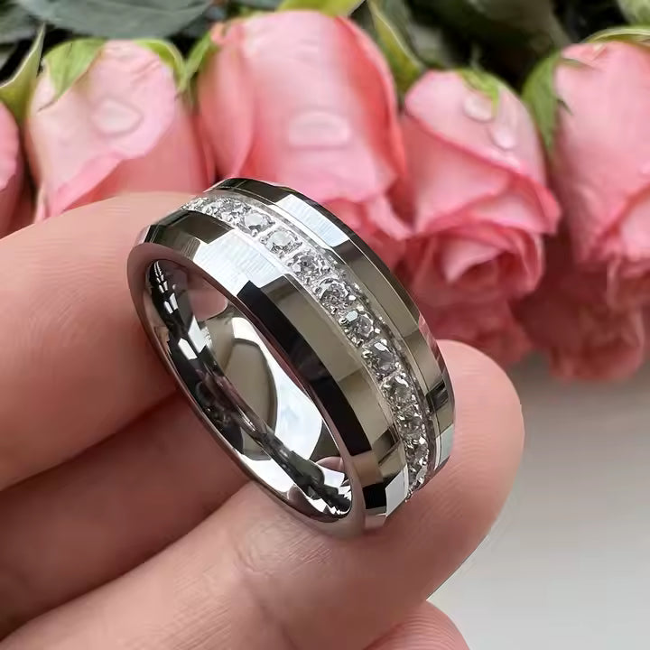 Coolstyle takı 8mm toptan erkek bayan nişan sonsuzluk düğün Band CZ taş kakma tüm etrafında Tungsten karbür halkası
