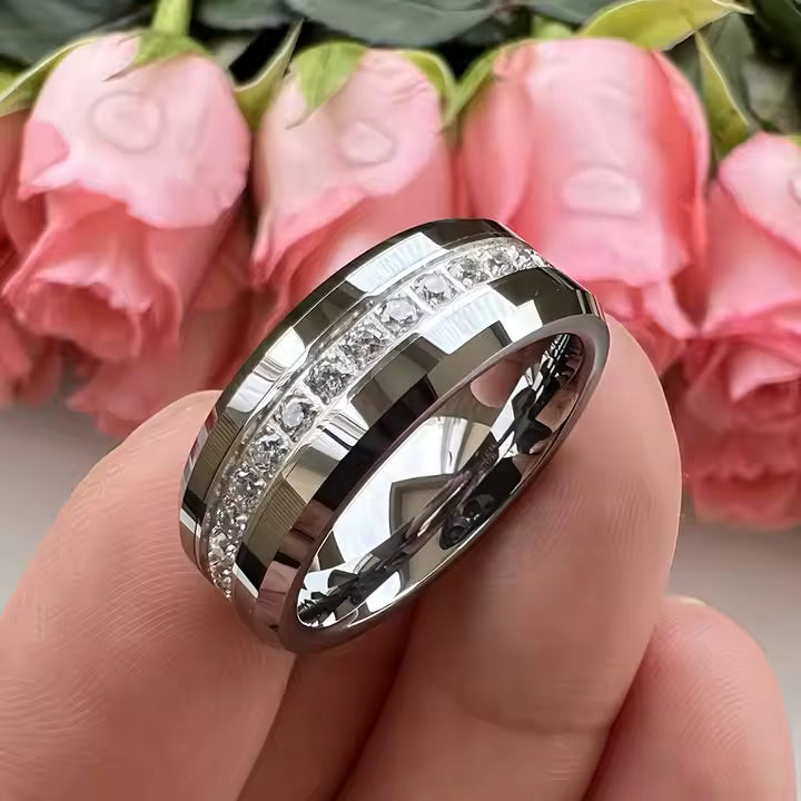 Coolstyle takı 8mm toptan erkek bayan nişan sonsuzluk düğün Band CZ taş kakma tüm etrafında Tungsten karbür halkası
