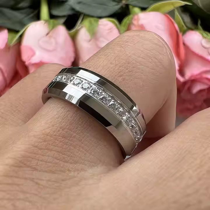 Coolstyle takı 8mm toptan erkek bayan nişan sonsuzluk düğün Band CZ taş kakma tüm etrafında Tungsten karbür halkası